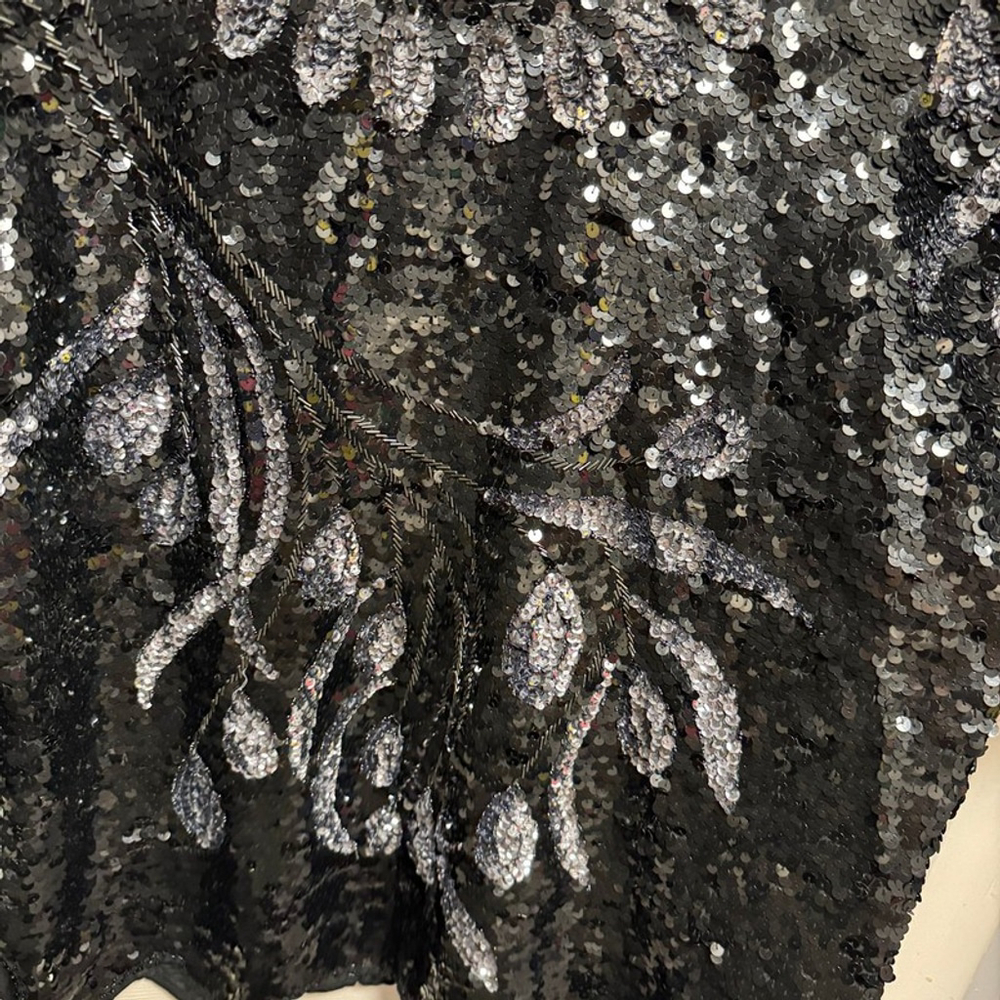 Vintage Black Sequin Top with Silver Leaf Design - Picture 2 of 5